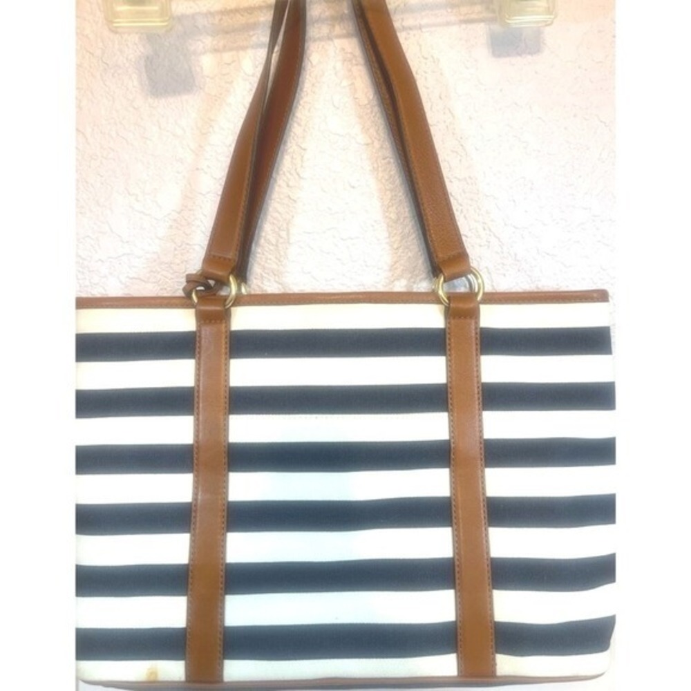 Michael Kors Shoulder Bag Tote Purse Striped‎ Navy White Tan Leather Nautical